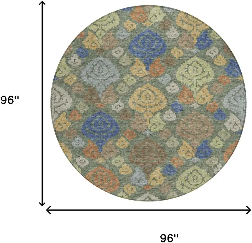 8' Green And Gold Round Damask Washable Indoor Outdoor Area Rug Photo 8