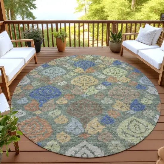 8' Green And Gold Round Damask Washable Indoor Outdoor Area Rug Photo 4