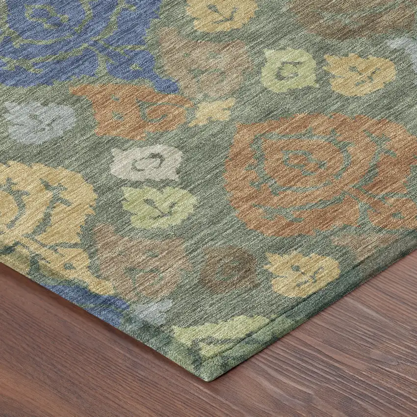 8' Green And Gold Round Damask Washable Indoor Outdoor Area Rug Photo 6