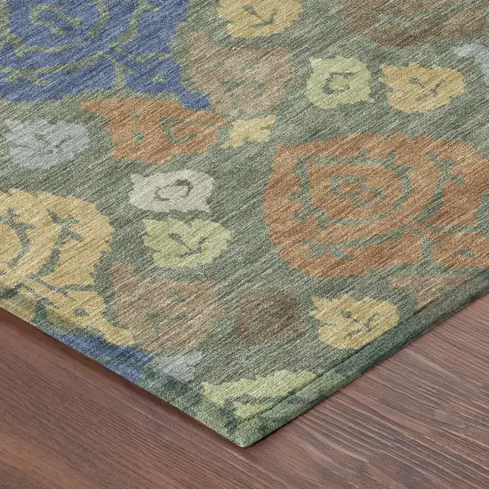 8' Green And Gold Round Damask Washable Indoor Outdoor Area Rug Photo 6