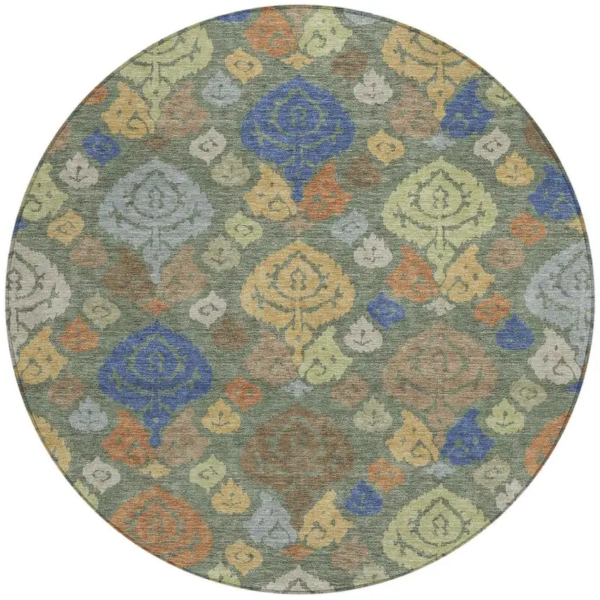8' Green And Gold Round Damask Washable Indoor Outdoor Area Rug Photo 2