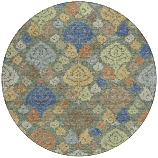 8' Green And Gold Round Damask Washable Indoor Outdoor Area Rug Photo 2