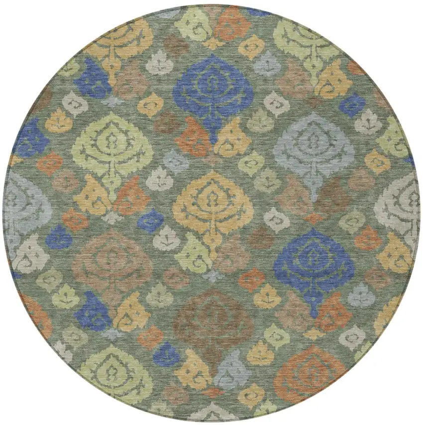 8' Green And Gold Round Damask Washable Indoor Outdoor Area Rug Photo 3