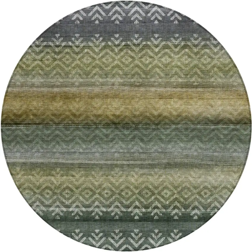 8' Green And Gold Round Geometric Washable Indoor Outdoor Area Rug Photo 1