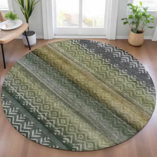 8' Green And Gold Round Geometric Washable Indoor Outdoor Area Rug Photo 6