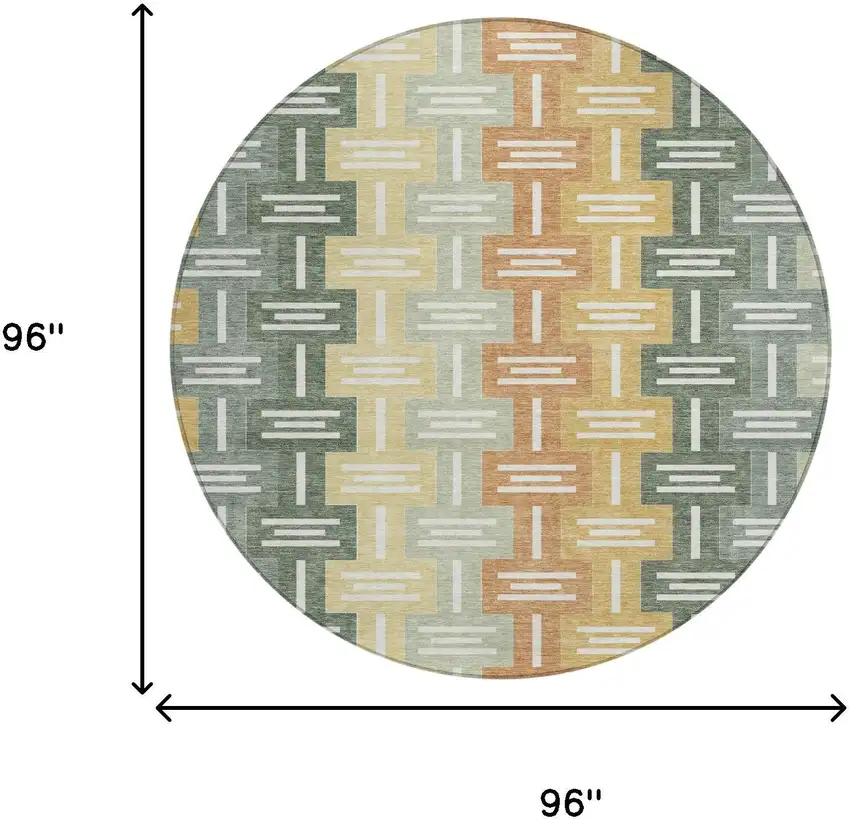 8' Green And Gold Round Geometric Washable Indoor Outdoor Area Rug Photo 7