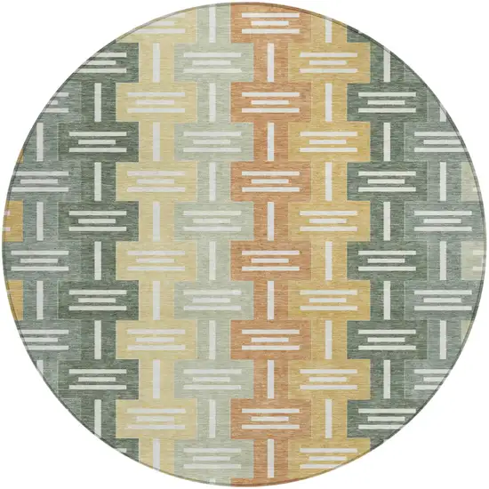 8' Green And Gold Round Geometric Washable Indoor Outdoor Area Rug Photo 2