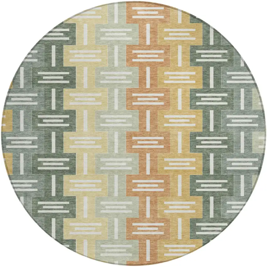 8' Green And Gold Round Geometric Washable Indoor Outdoor Area Rug Photo 2