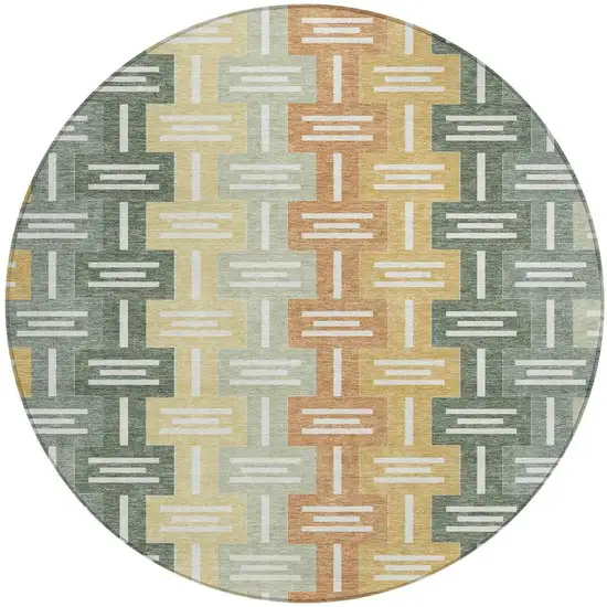 8' Green And Gold Round Geometric Washable Indoor Outdoor Area Rug Photo 4