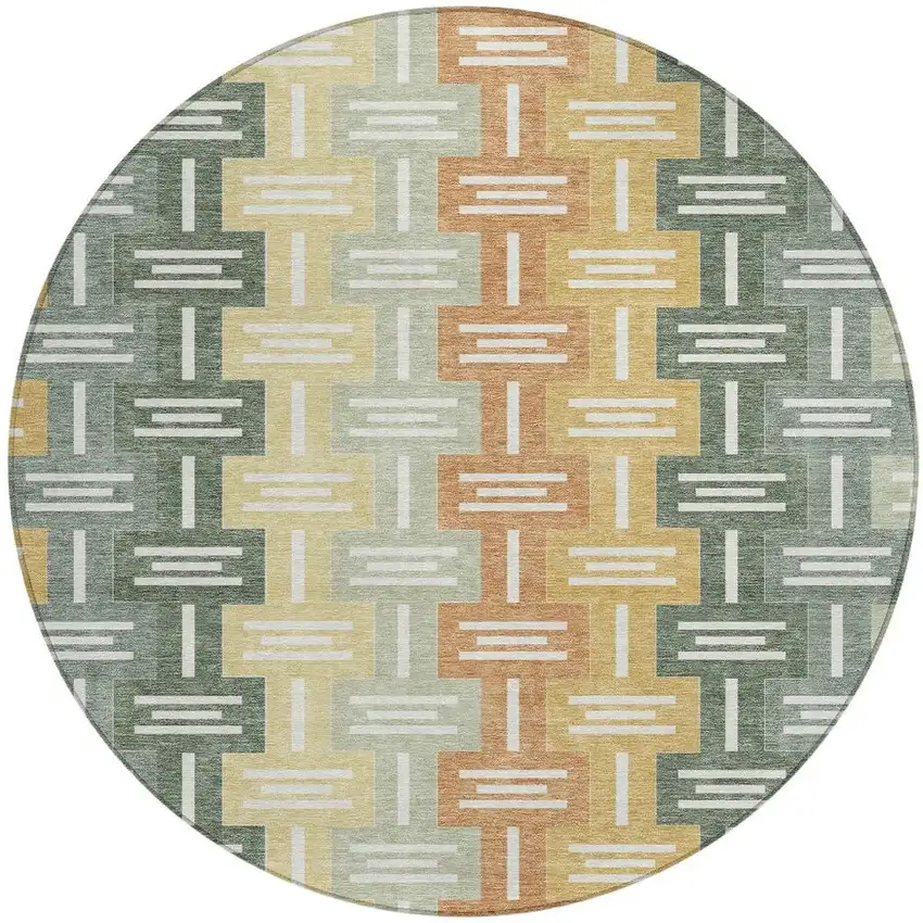 8' Green And Gold Round Geometric Washable Indoor Outdoor Area Rug Photo 4