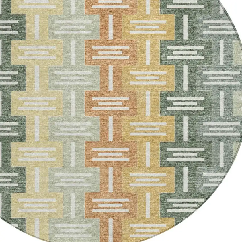 8' Green And Gold Round Geometric Washable Indoor Outdoor Area Rug Photo 3