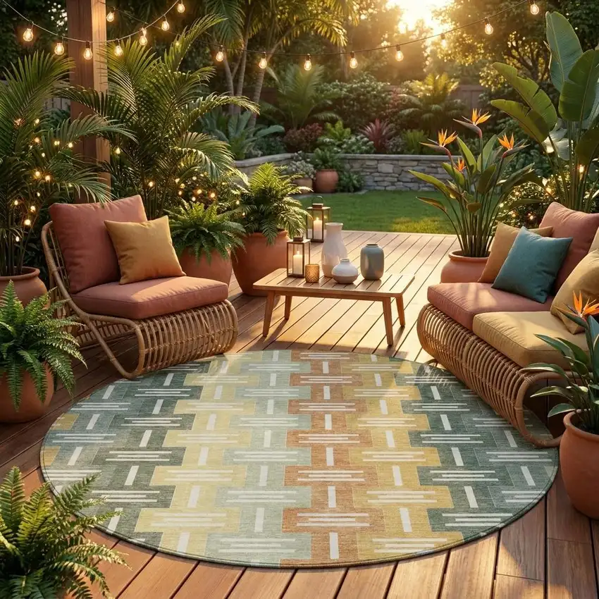 8' Green And Gold Round Geometric Washable Indoor Outdoor Area Rug Photo 1