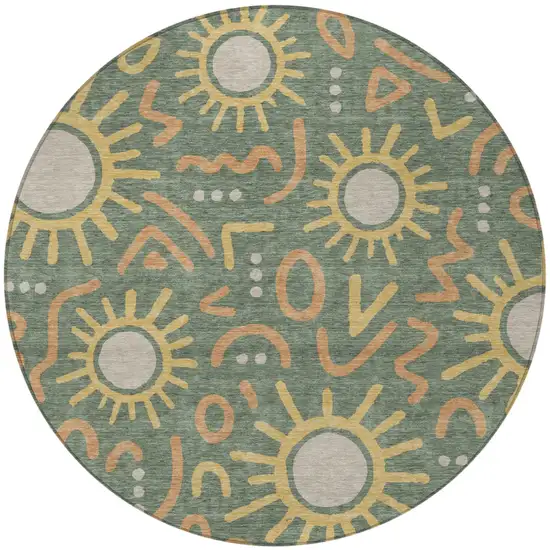 8' Green And Gold Round Geometric Washable Indoor Outdoor Area Rug Photo 3