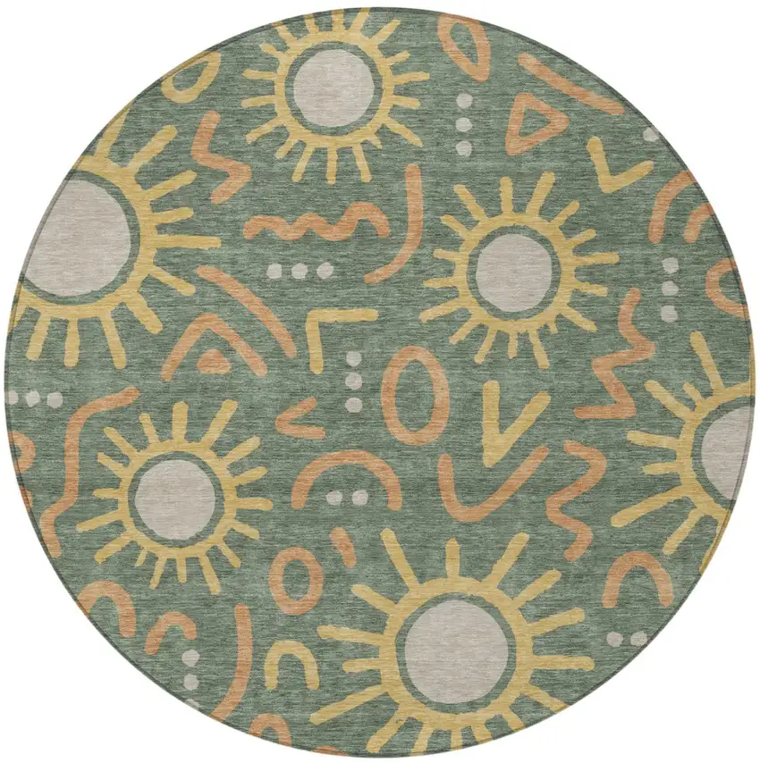 8' Green And Gold Round Geometric Washable Indoor Outdoor Area Rug Photo 3