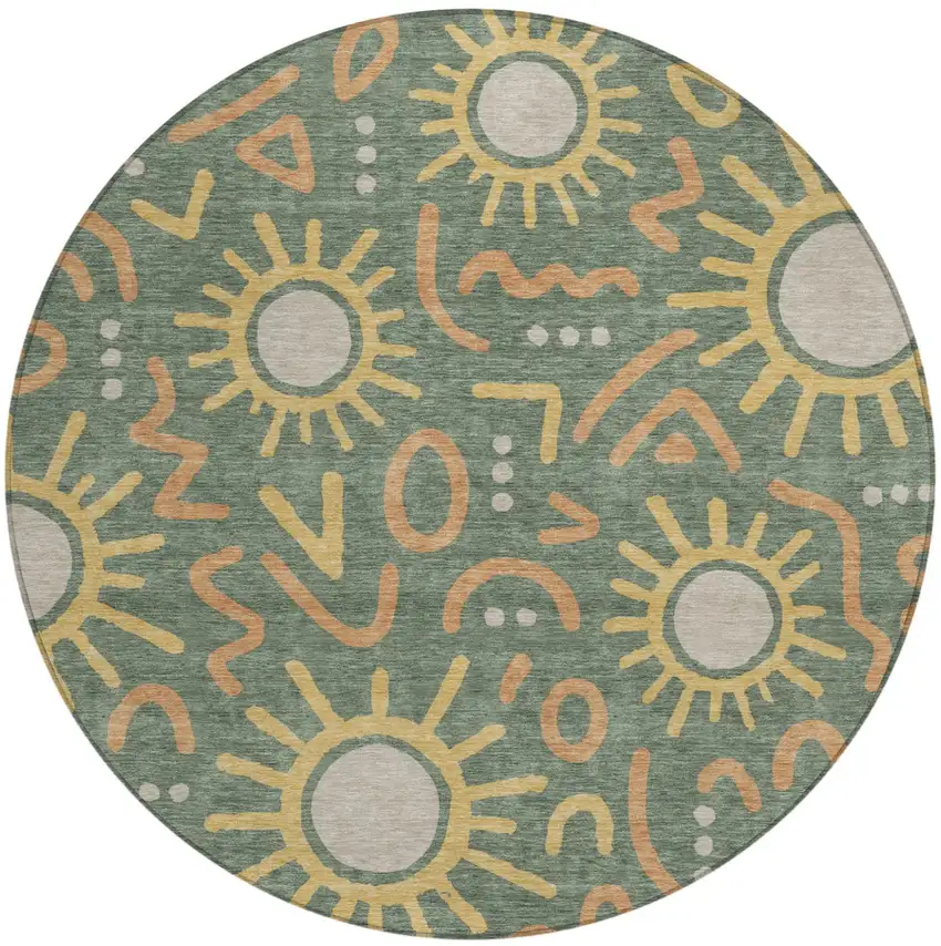 8' Green And Gold Round Geometric Washable Indoor Outdoor Area Rug Photo 1