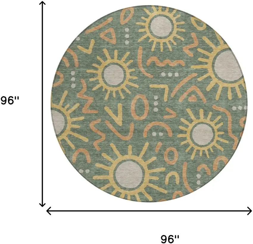 8' Green And Gold Round Geometric Washable Indoor Outdoor Area Rug Photo 6
