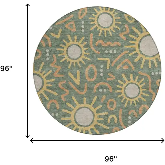 8' Green And Gold Round Geometric Washable Indoor Outdoor Area Rug Photo 6