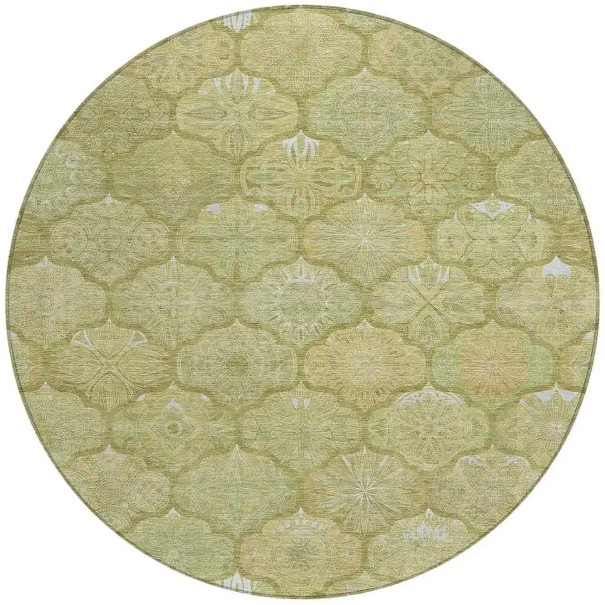 8' Green And Gold Round Ogee Washable Indoor Outdoor Area Rug Photo 1