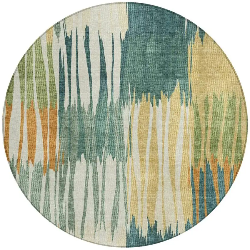 8' Green And Gold Round Striped Washable Indoor Outdoor Area Rug Photo 1