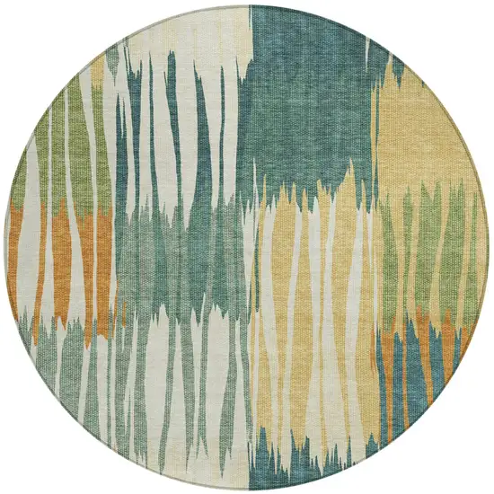 8' Green And Gold Round Striped Washable Indoor Outdoor Area Rug Photo 2