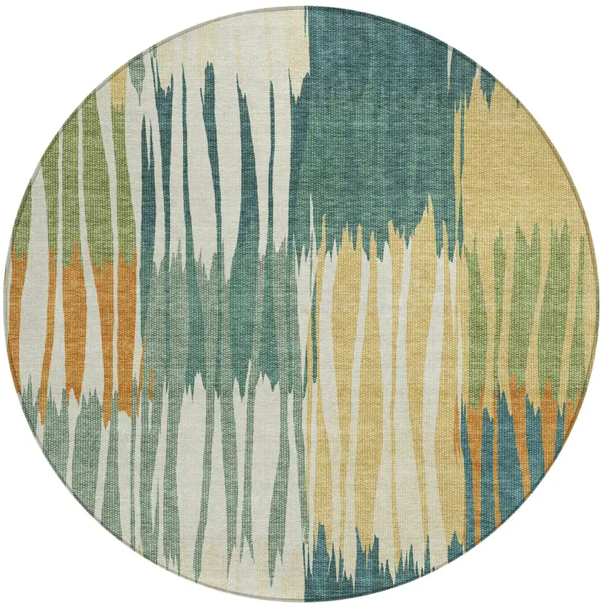 8' Green And Gold Round Striped Washable Indoor Outdoor Area Rug Photo 2