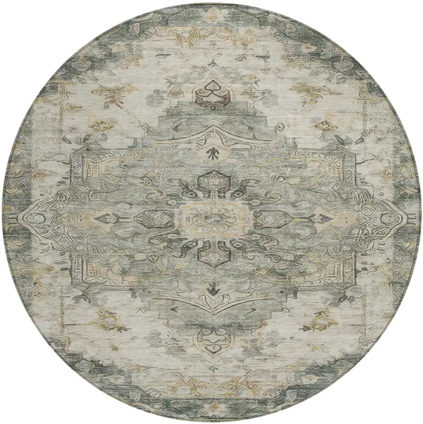 8' Green And Graphite Round Floral Medallion Washable Indoor Outdoor Area Rug Photo 2