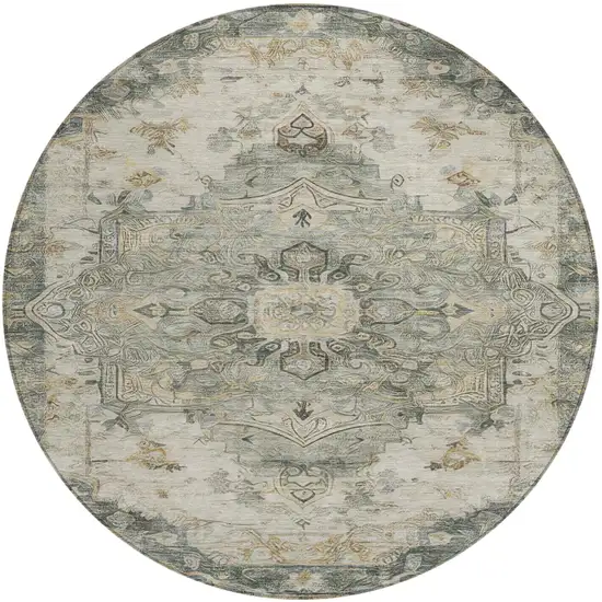 8' Green And Graphite Round Floral Medallion Washable Indoor Outdoor Area Rug Photo 2