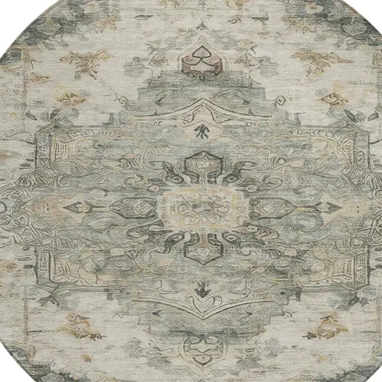 8' Green And Graphite Round Floral Medallion Washable Indoor Outdoor Area Rug Photo 5