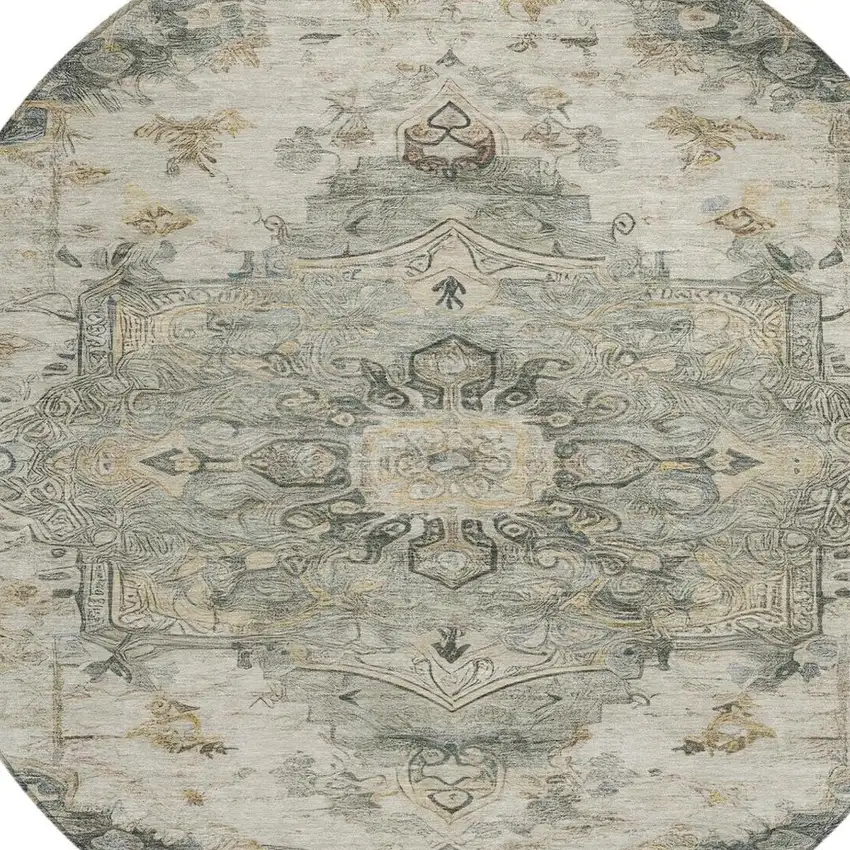 8' Green And Graphite Round Floral Medallion Washable Indoor Outdoor Area Rug Photo 5