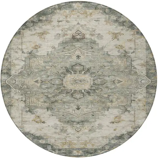 8' Green And Graphite Round Floral Medallion Washable Indoor Outdoor Area Rug Photo 1