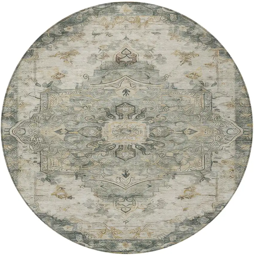 8' Green And Graphite Round Floral Medallion Washable Indoor Outdoor Area Rug Photo 1