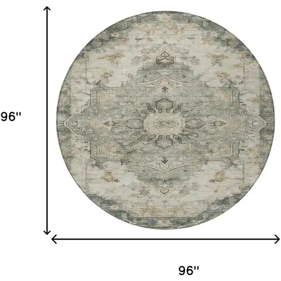8' Green And Graphite Round Floral Medallion Washable Indoor Outdoor Area Rug Photo 8