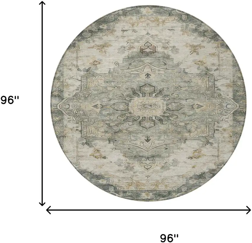8' Green And Graphite Round Floral Medallion Washable Indoor Outdoor Area Rug Photo 8