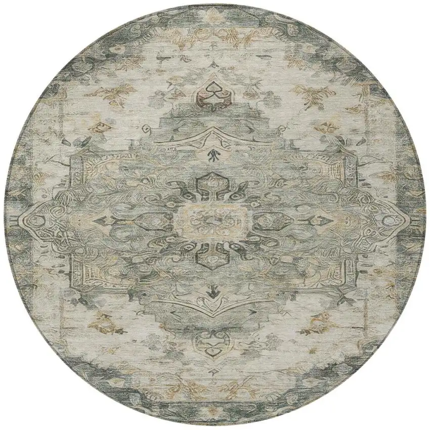 8' Green And Graphite Round Floral Medallion Washable Indoor Outdoor Area Rug Photo 3