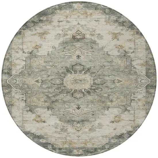 8' Green And Graphite Round Floral Medallion Washable Indoor Outdoor Area Rug Photo 3