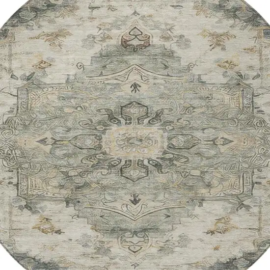 8' Green And Graphite Round Floral Medallion Washable Indoor Outdoor Area Rug Photo 4