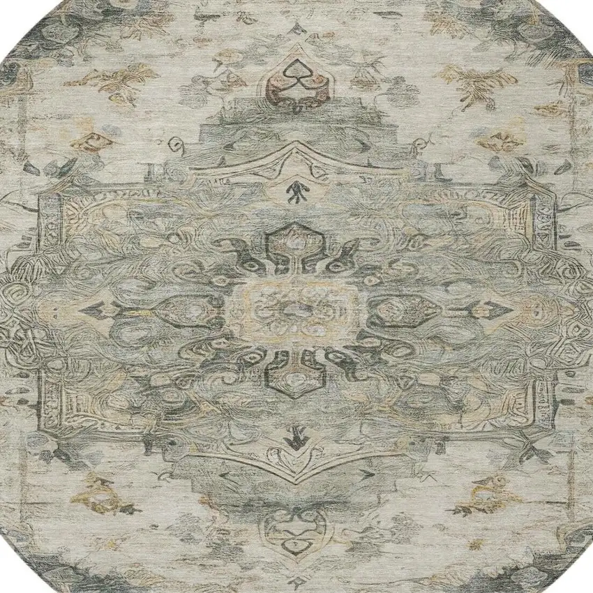 8' Green And Graphite Round Floral Medallion Washable Indoor Outdoor Area Rug Photo 4
