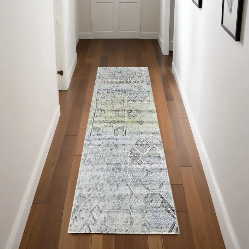 8' Green And Gray Abstract Runner Rug Photo 1