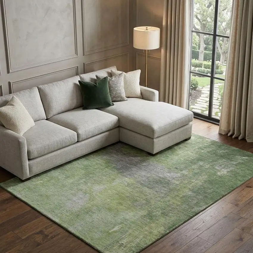 8' Green And Gray Abstract Washable Area Rug With UV Protection Photo 1