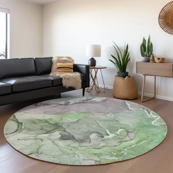 8' Green And Gray Abstract Washable Round Rug With UV Protection Photo 5