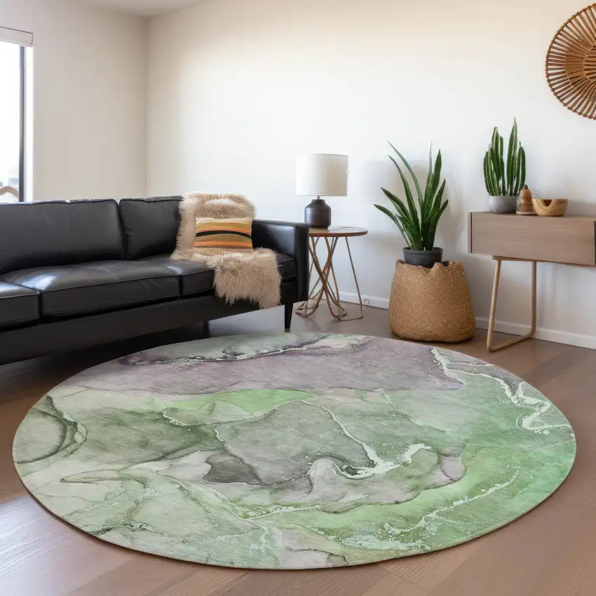 8' Green And Gray Abstract Washable Round Rug With UV Protection Photo 5