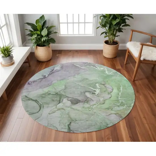 8' Green And Gray Abstract Washable Round Rug With UV Protection Photo 2