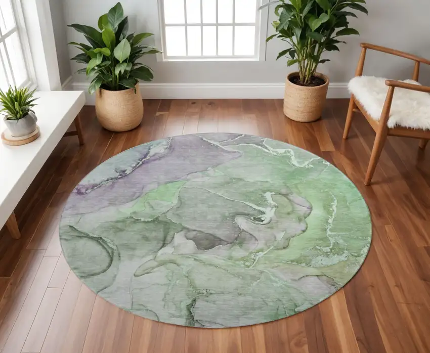 8' Green And Gray Abstract Washable Round Rug With UV Protection Photo 2