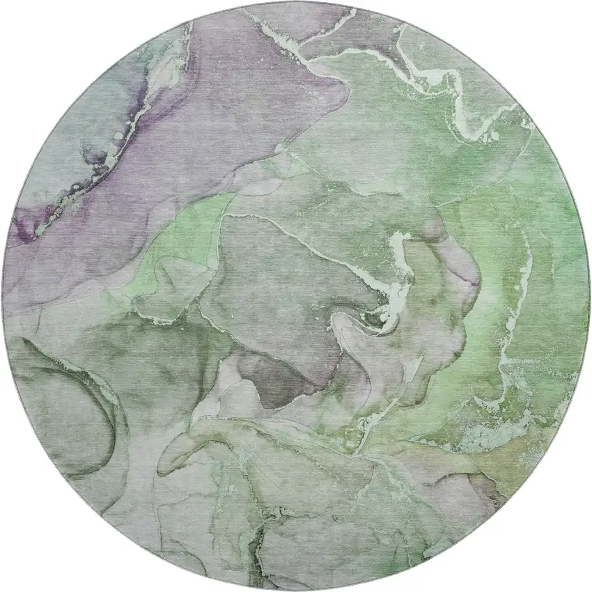 8' Green And Gray Abstract Washable Round Rug With UV Protection Photo 1