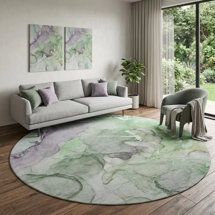 8' Green And Gray Abstract Washable Round Rug With UV Protection Photo 1