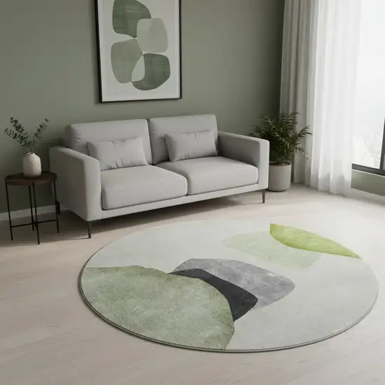 8' Green And Gray Abstract Washable Round Rug With UV Protection Photo 2