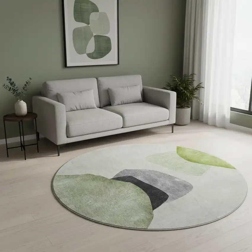 8' Green And Gray Abstract Washable Round Rug With UV Protection Photo 2