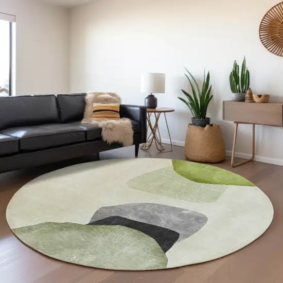 8' Green And Gray Abstract Washable Round Rug With UV Protection Photo 5