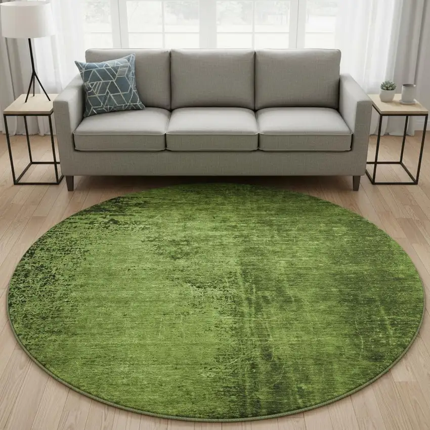 8' Green And Gray Abstract Washable Round Rug With UV Protection Photo 2