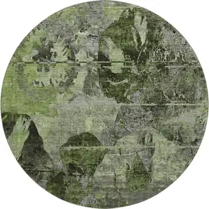 Photo of 8' Green And Gray Abstract Washable Round Rug With UV Protection
